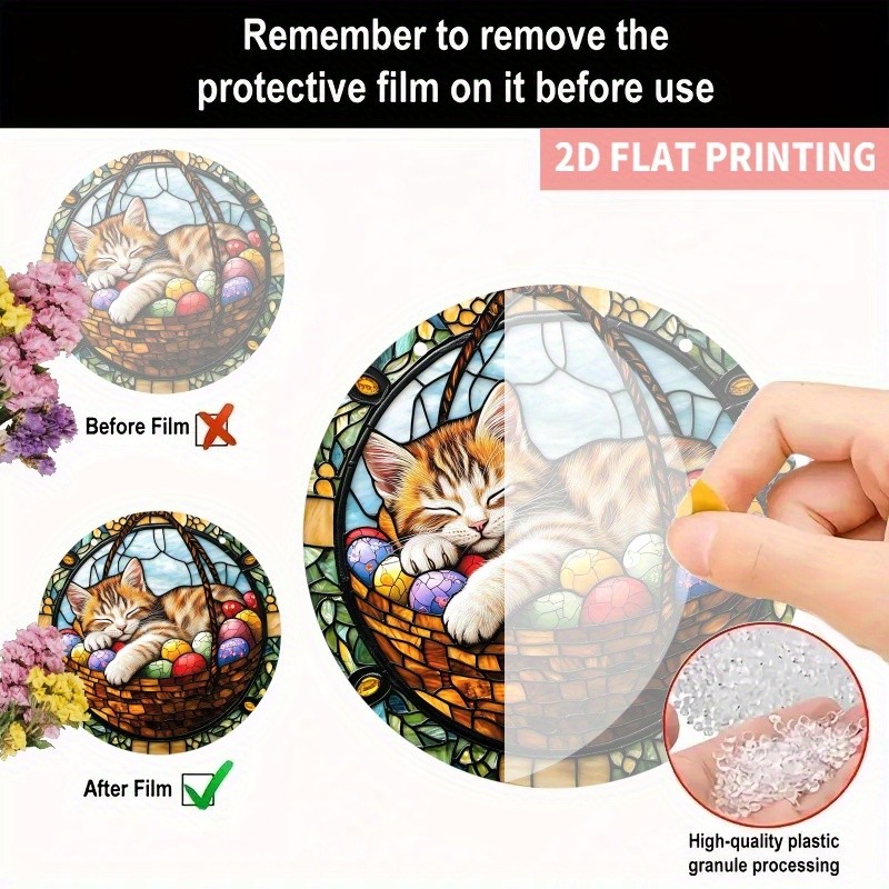 Round Sleeping Cat Acrylic Suncatcher Easter Egg Basket Vibrant Window Decor