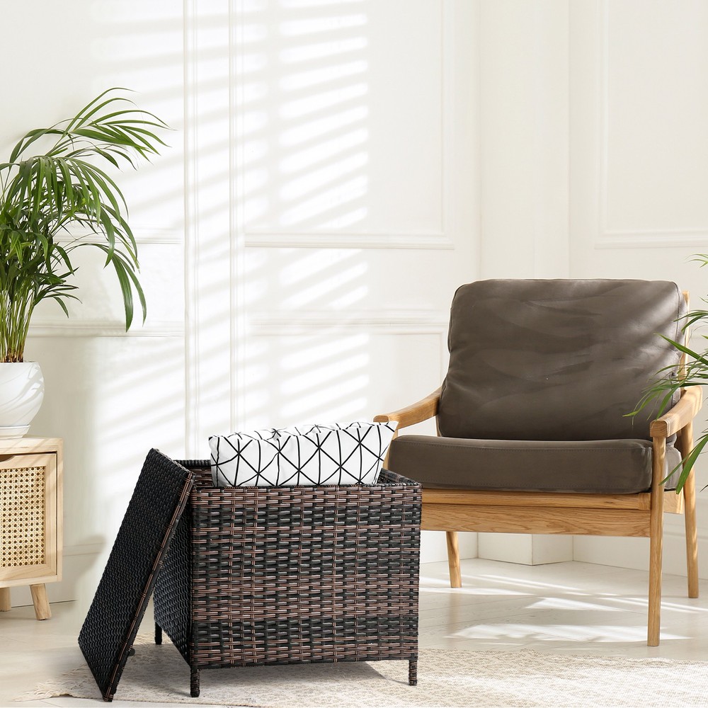 PE Wicker Side Table with Storage, Patio Rattan End Table Square Container