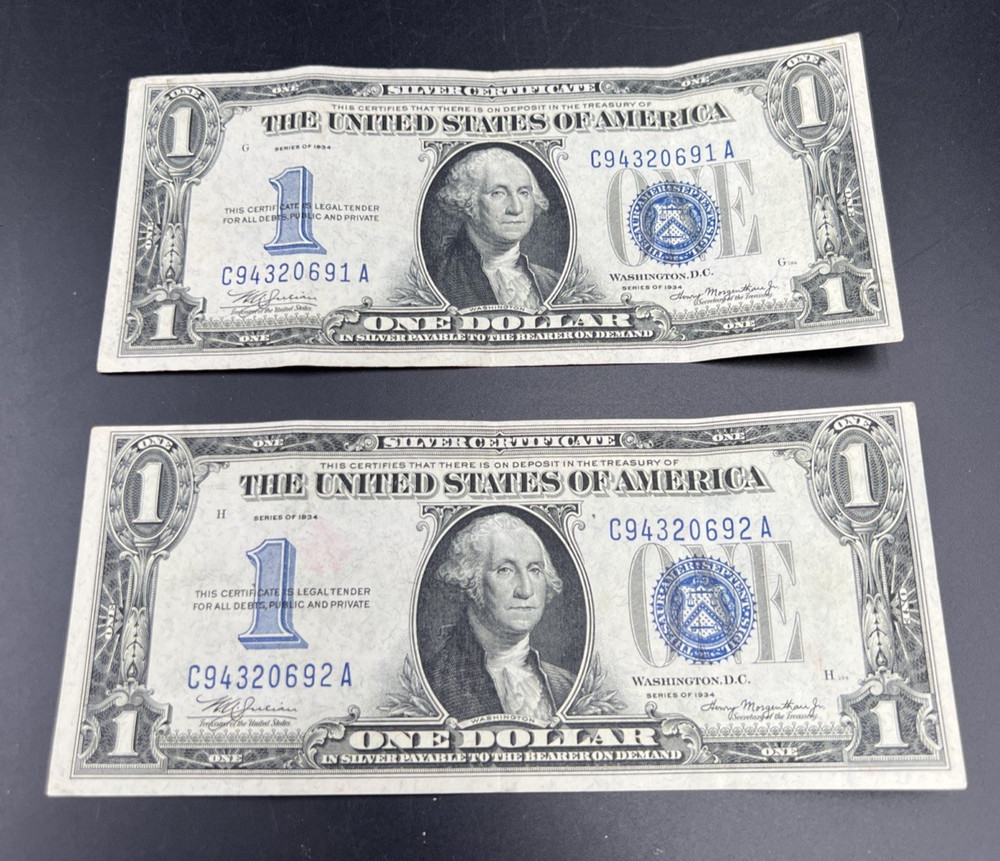 2 Consecutive 1934 $1 One Dollar Silver Certificates Funny Back Notes CH VF #92