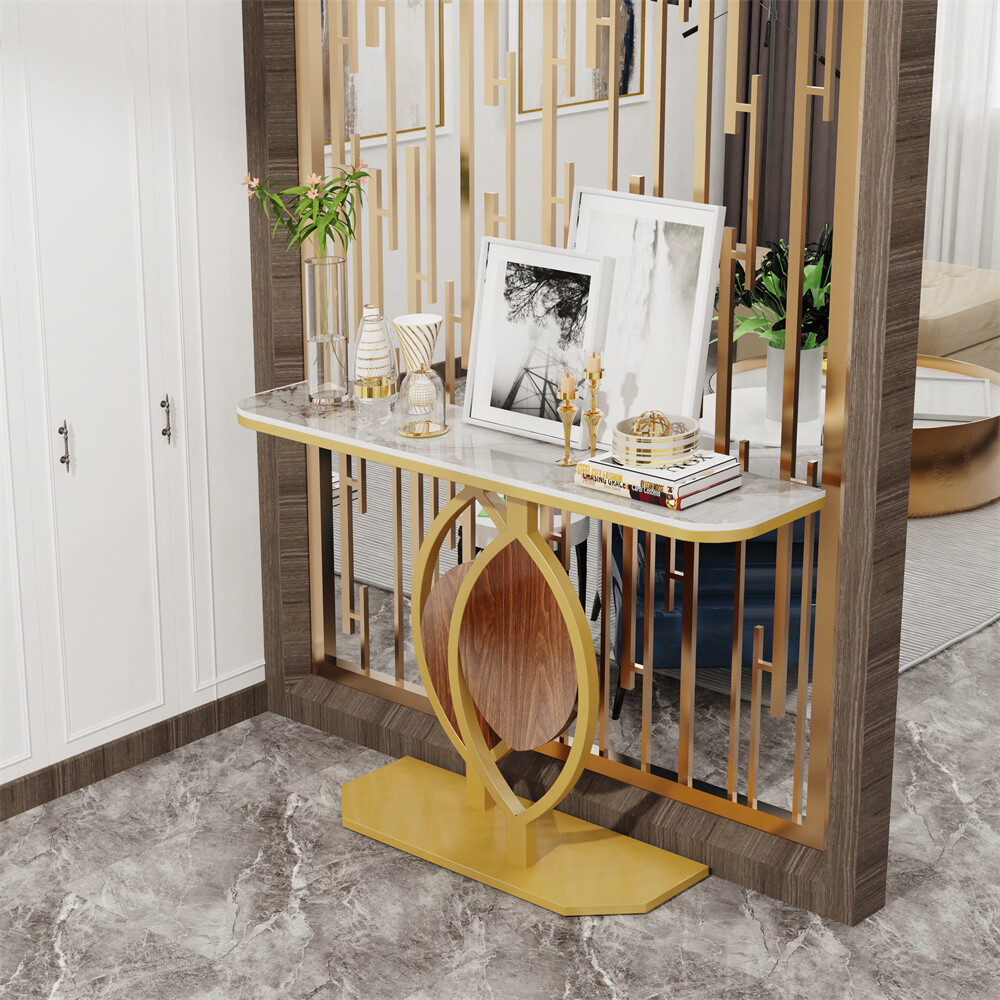 Modern Console Table Sintered Stone entry Table with Geometric/Leaf Golden Base