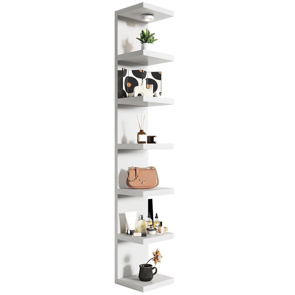 White 7-Tier Vertical Wall Shelf Unit with USB Rechargeable Led Light (Remote...