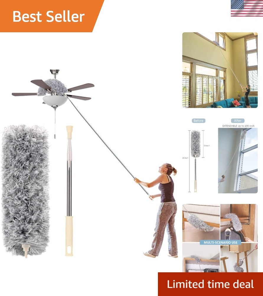 Versatile Bendable Microfiber Duster with 30-100'' Extension Pole for Home Use