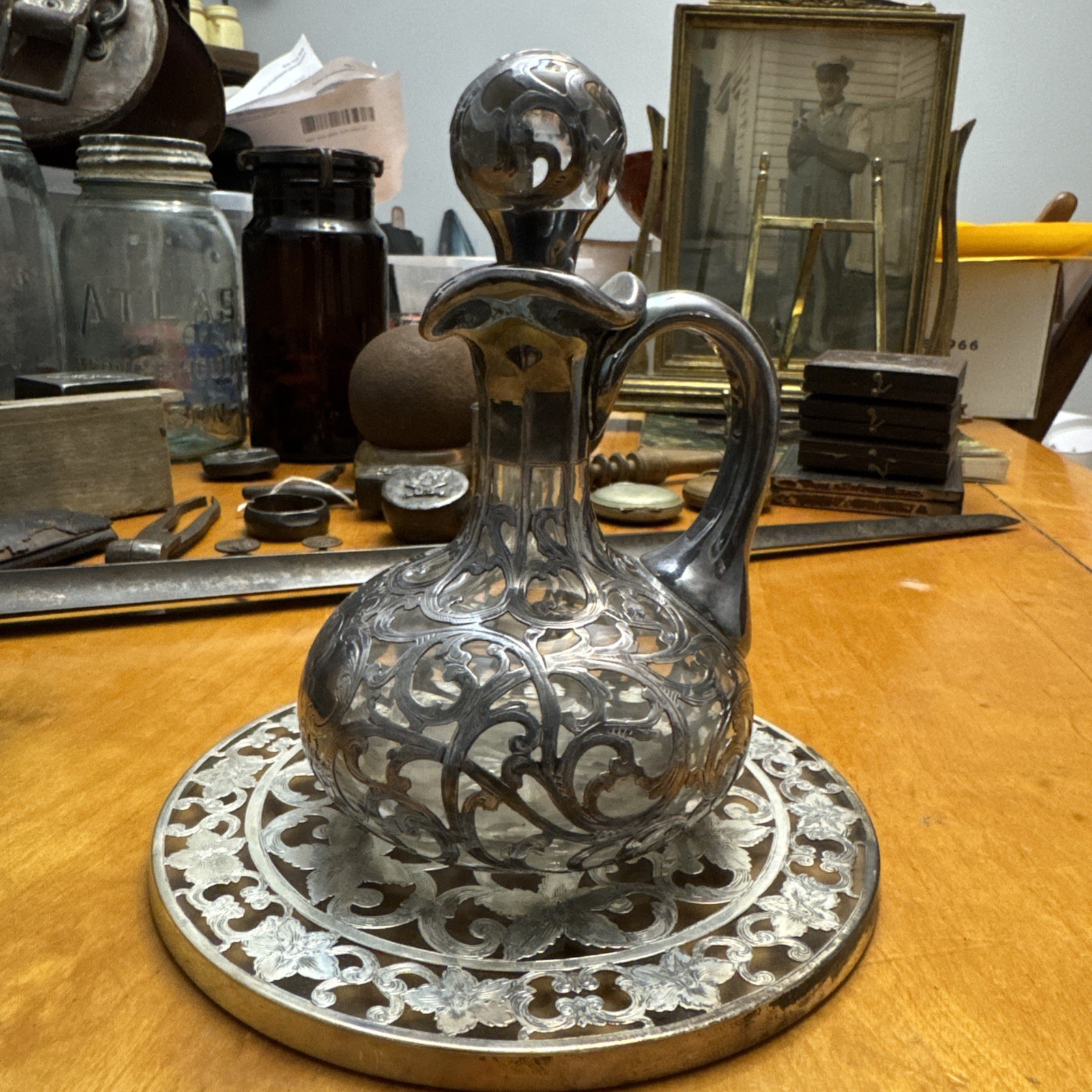 Antique Silver 999 100g Overlay Crystal Decanter /Webster Sterling Tray Unique!