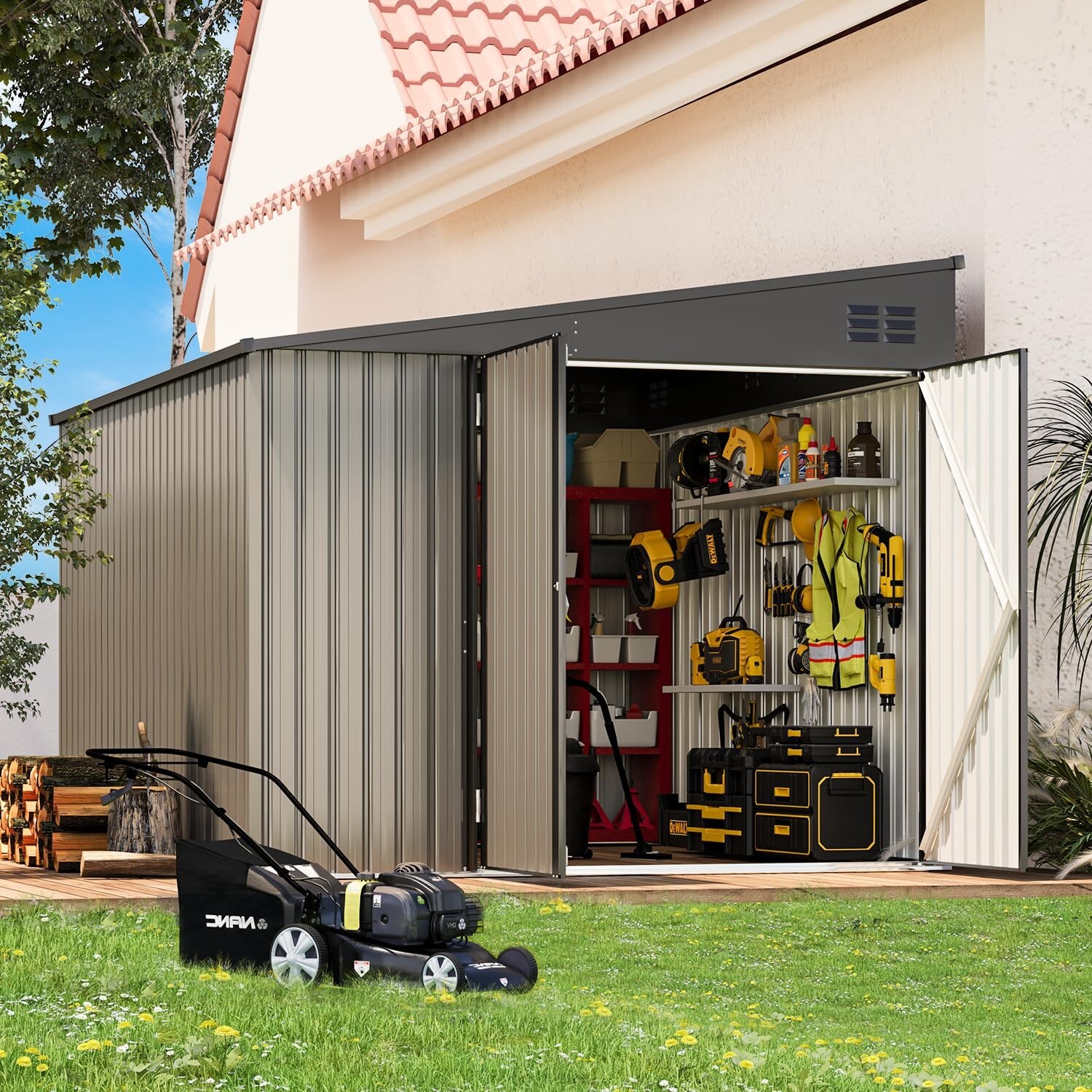 Lean to Garden Storage Shed Outdoor Metal Tool House w/ Lockable Door Multi-size