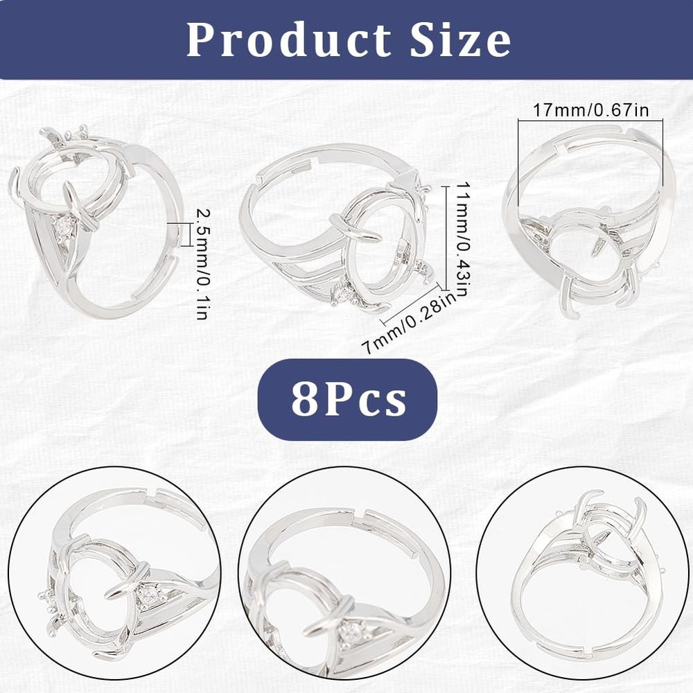 SUNNYCLUE 1 Box 8PCS Silver Prong Ring Blank Settings