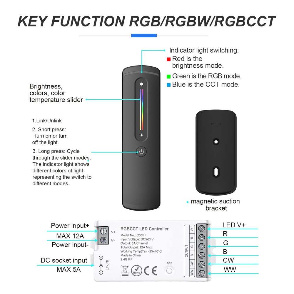 2.4GHz RF RGBCCT LED Strip Controller Remote Kit For DC5V/DC12V/DC24V COB