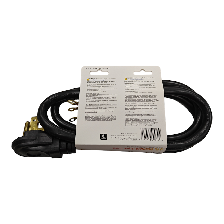 Kenmore 6 Ft. Electrical Dryer Cord 4 Prong Plug 30 AMP Heavy Duty 250V 57001
