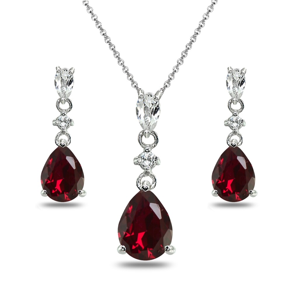 Pear-Cut Created Ruby & White Topaz Sterling Silver Stud Earrings & Necklace Set