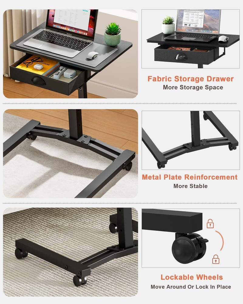 Rolling Adjustable Height Computer Desk With Drawers, Small Mobile Laptop Des...