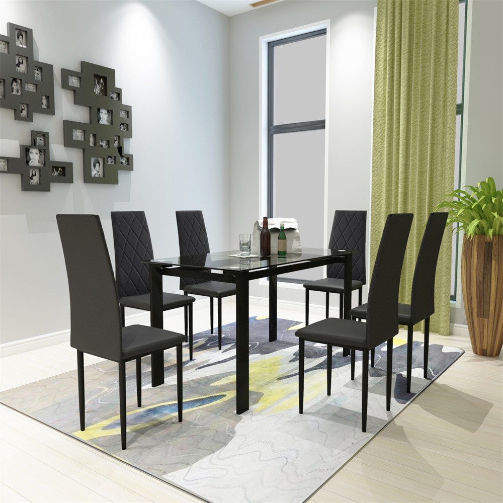 7 Piece kitchen Table set，Modern Black Dining Table Rectangular Tables