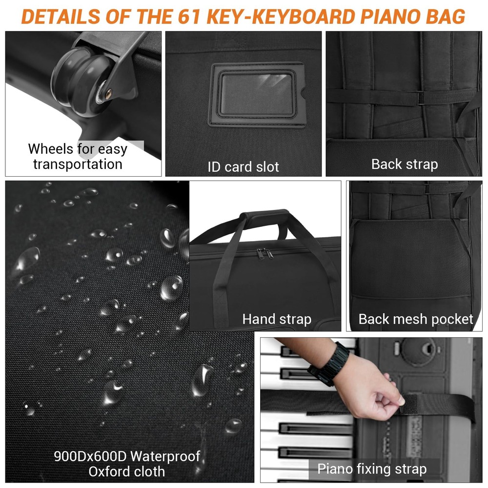 61-Key Keyboard Case with Wheels Adjustable Shoulder Straps– Padded Rolling ...