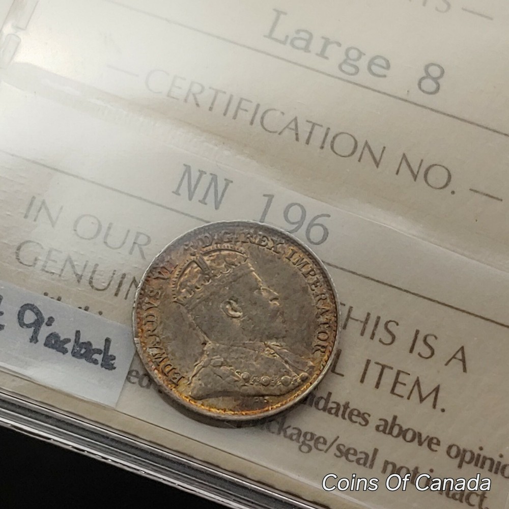 1908 Canada 5 Cent Coin - Old Graded ICCS EF-45 Large 8 Variety #coinsofcanada