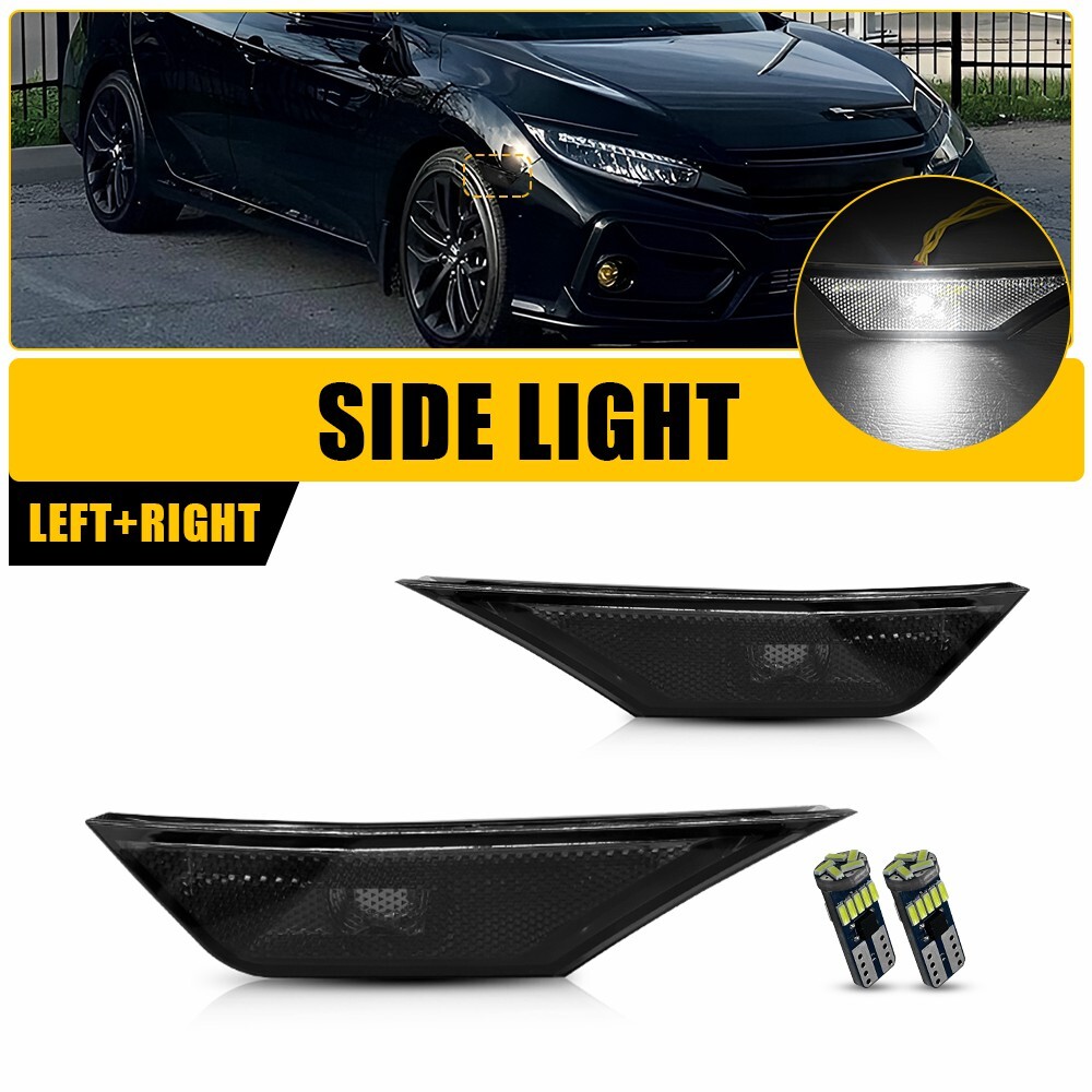 2PC For 2016-2021 Honda Civic Front LED Side Bumper Marker Smoked White LED EOA