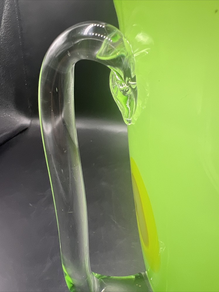 Art Glass Pitcher Hand Blown Lime Green with Applied Handle