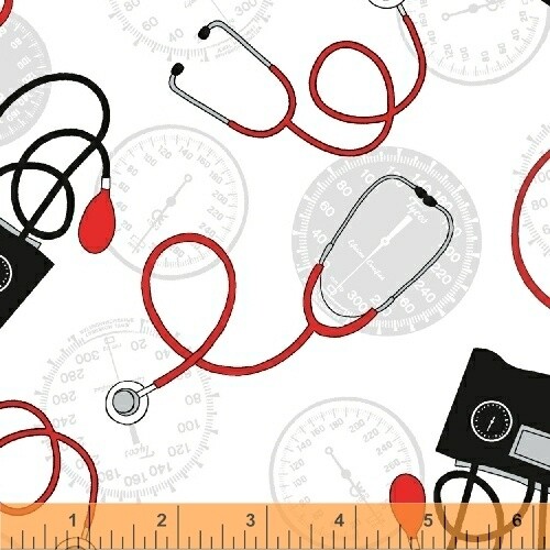 Nursing Fabric - Calling All Nurses Stethoscope Toss White - Windham YARD