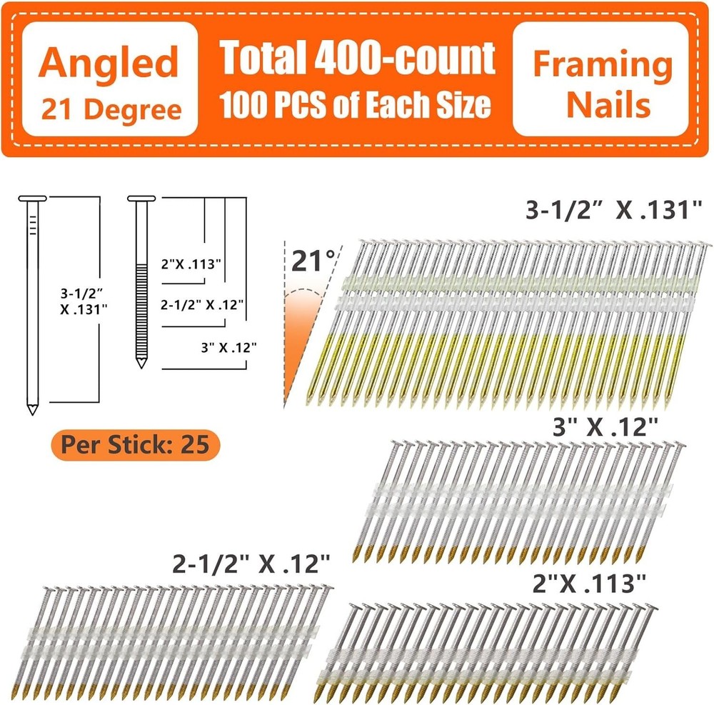 21° Plastic Collated Framing Nails, Hot-Dipped Galvanized, Full Round Head, R...
