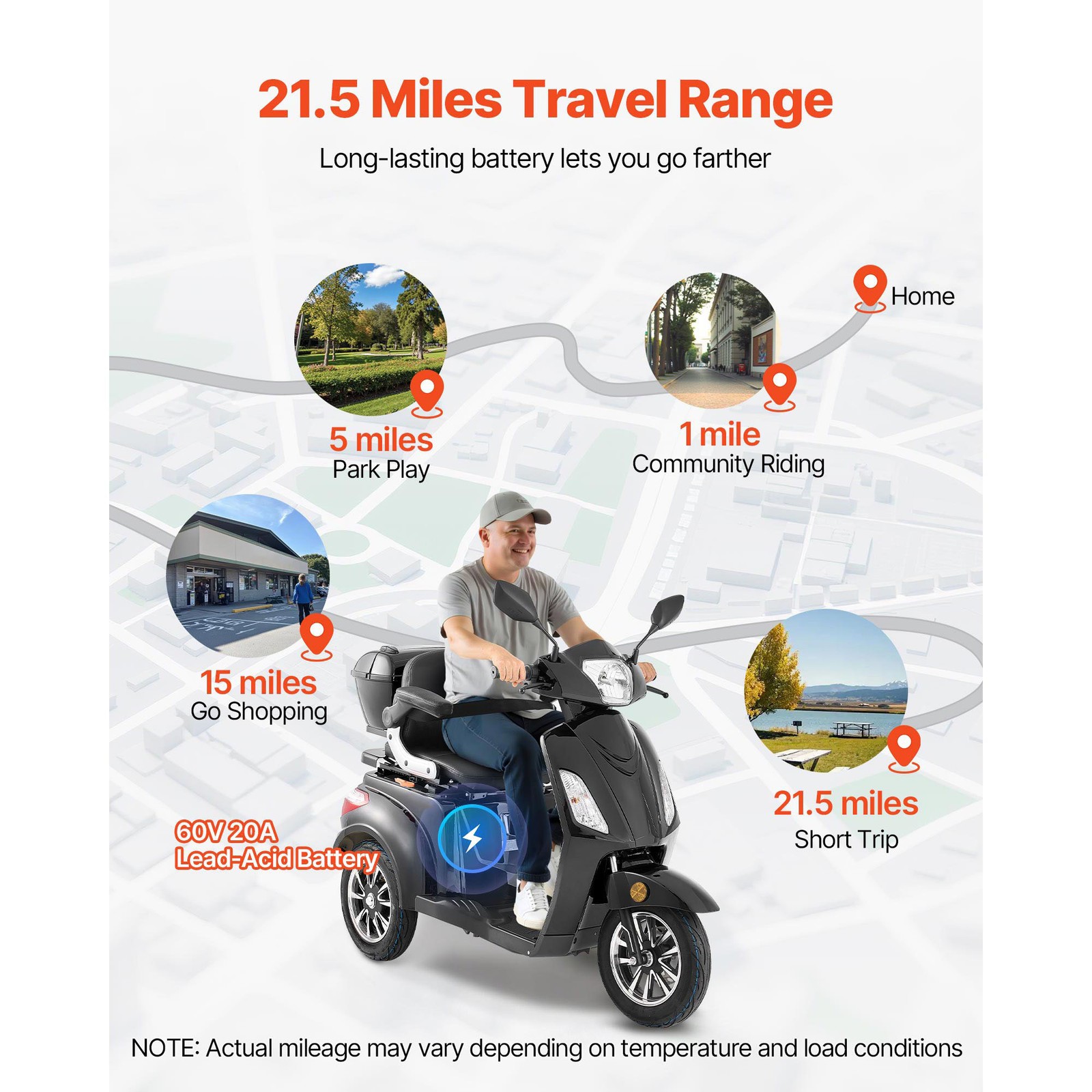 Uimoso Heavy-Duty 3-Wheel Mobility Scooter 21.5-Mile Range, 3-Speed, 500lbs Load