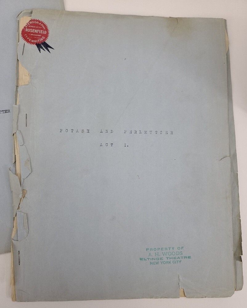 POTASH AND PERLMUTTER / 1914 Broadway Play Script, produced by A. H. Woods