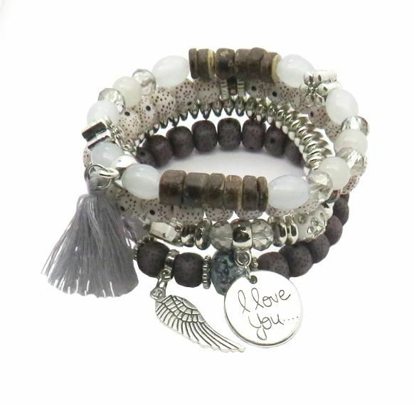 Tassel Love Bracelet Set, 4pc, Grey