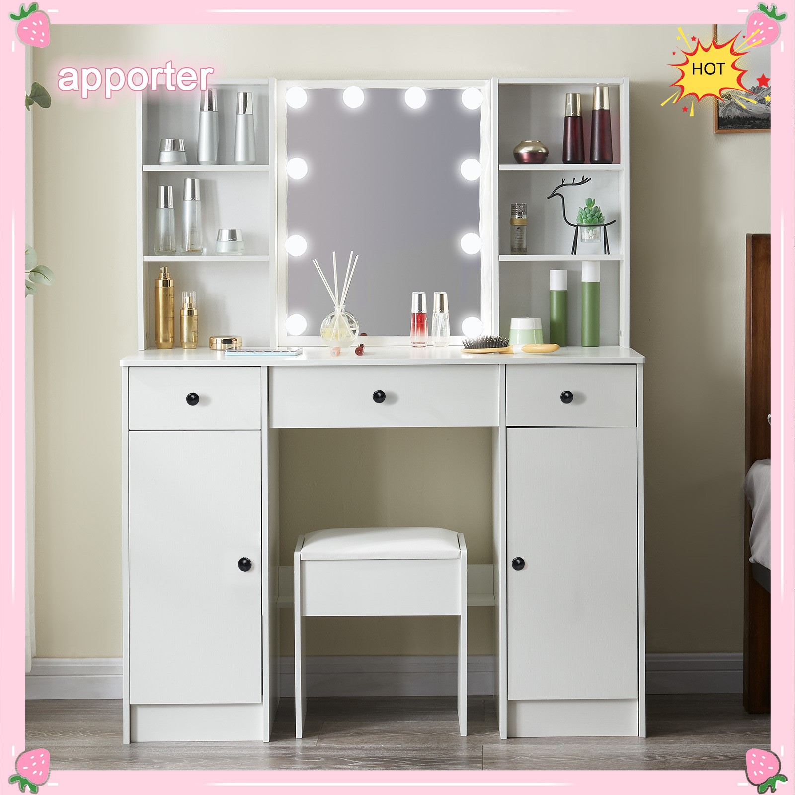 Large Dressing Table 5 Drawer Makeup Desk Dresser w/ LED Mirror and Stool