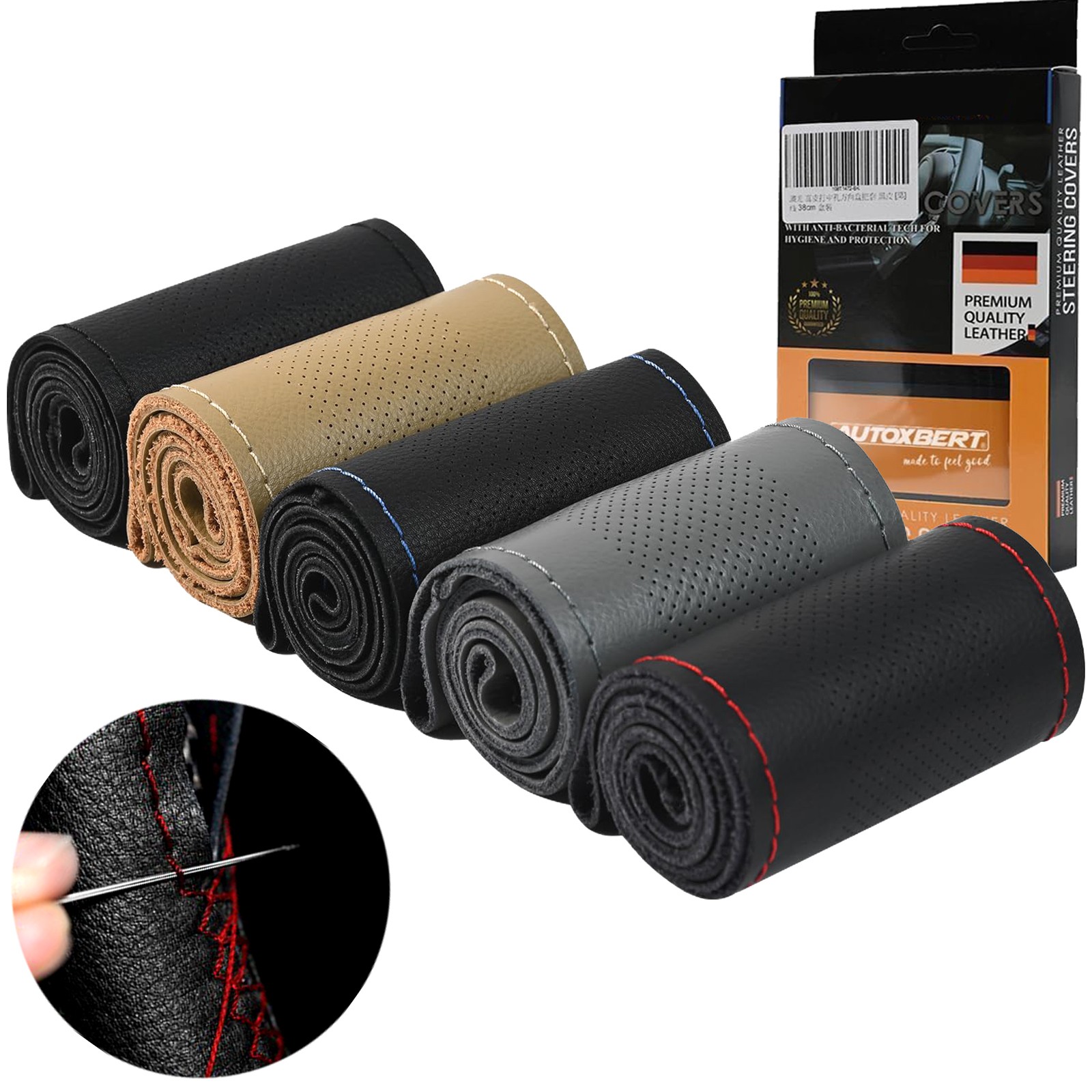 DIY Genuine Leather Steering Wheel Cover Non-slip Needle & Thread Protector 15"