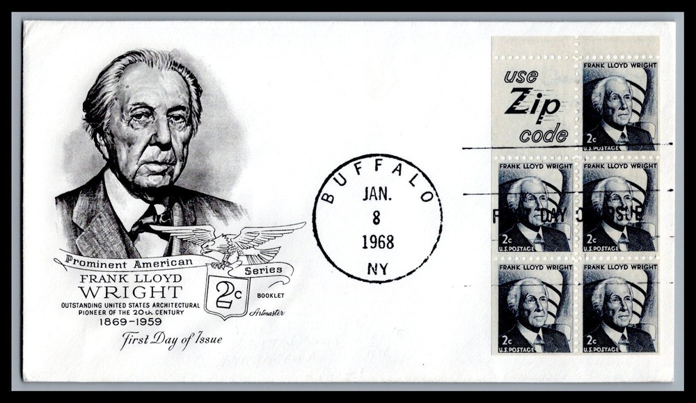 US FDC # 1280a 2c Frank Lloyd Wright Pane Artmaster Use Zip 1968, 9g409