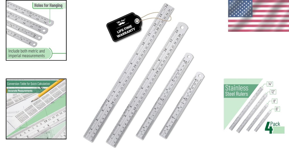 Professional Measuring Tools - 4 Stainless Steel Rulers with Conversion Table