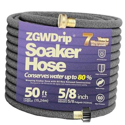 50FT 5/8" Water-Saving Soaker Hose with Solid Brass Connectors, High-Flow 50 FT