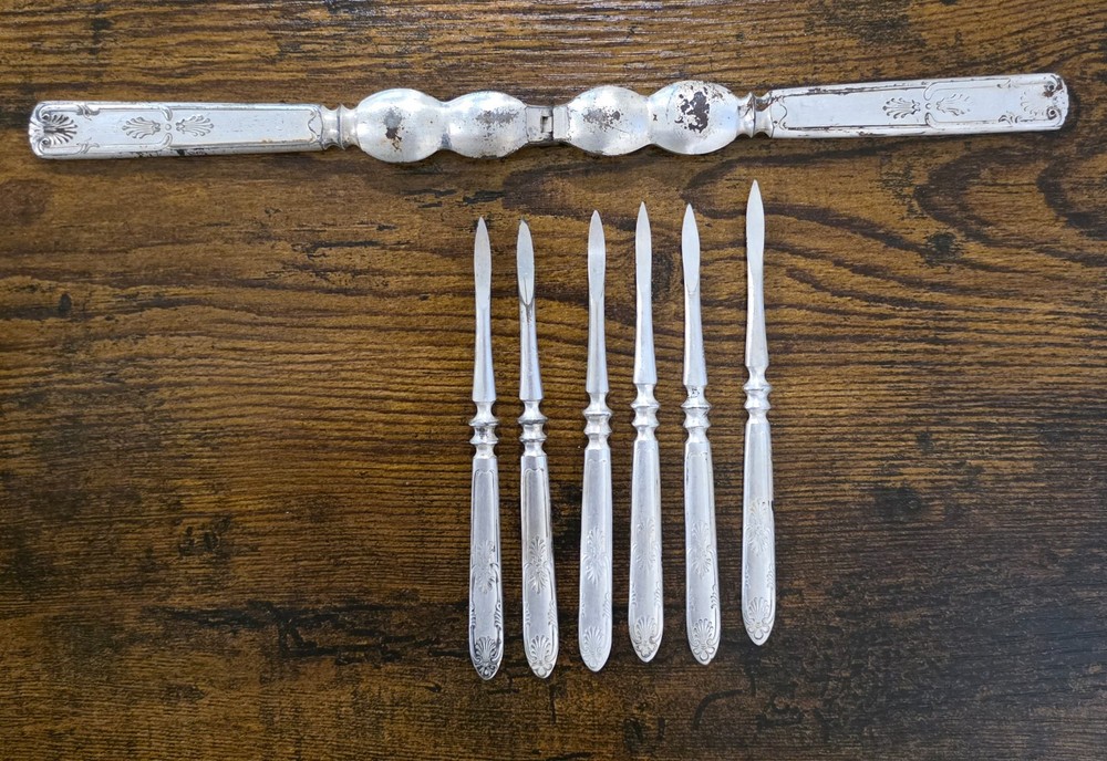 7pc VTG 1847 Rogers Bros Silver Plate Ornate Nutcracker & Pick Set