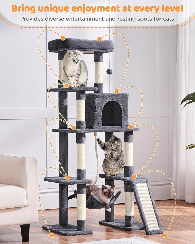 Stylish Cat Tree for All Breeds - Multi-Level 63'' Hammock & Scratching Posts