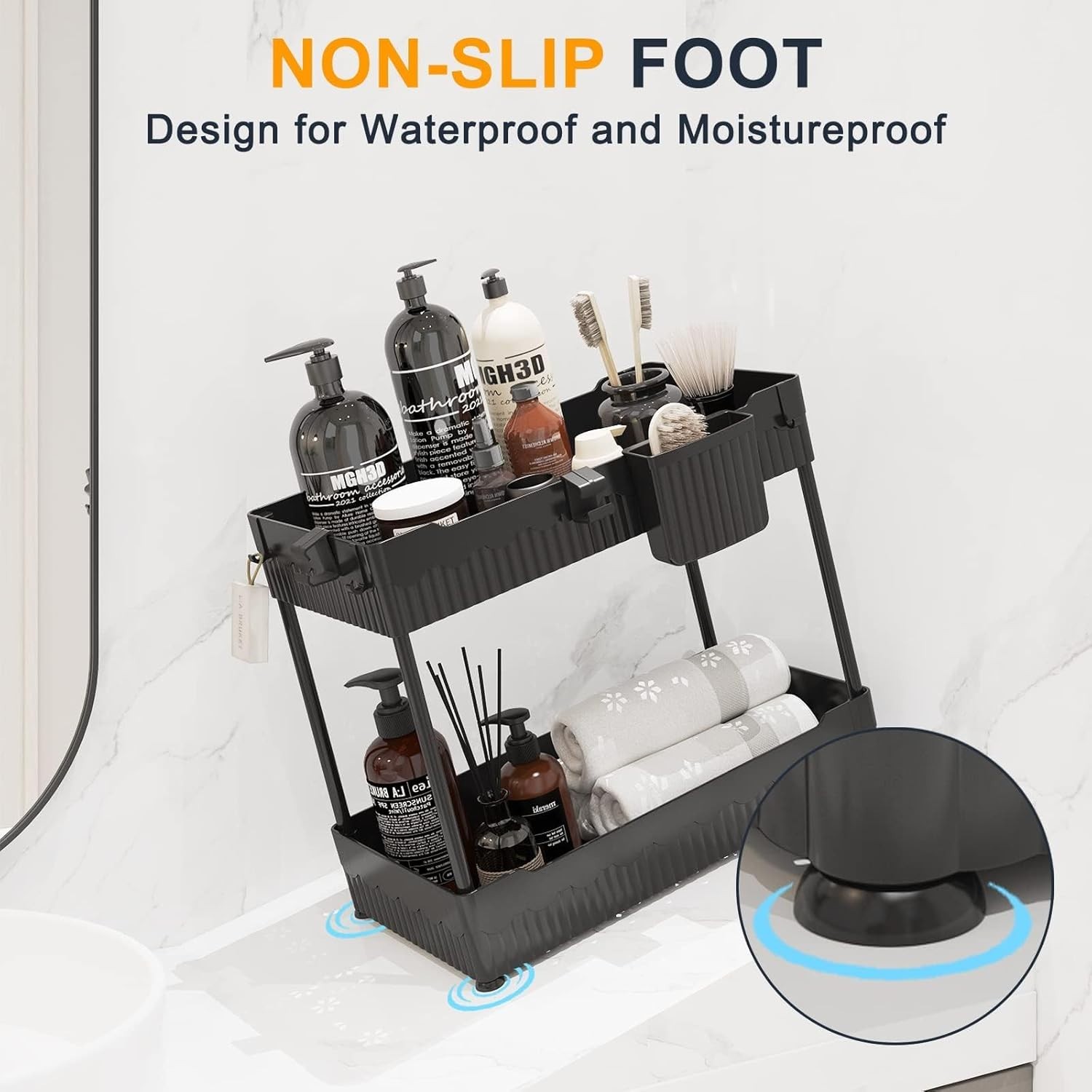 2 Pack Under Sink Organizer – Bathroom & Kitchen Cabinet Storage Rack with Hooks