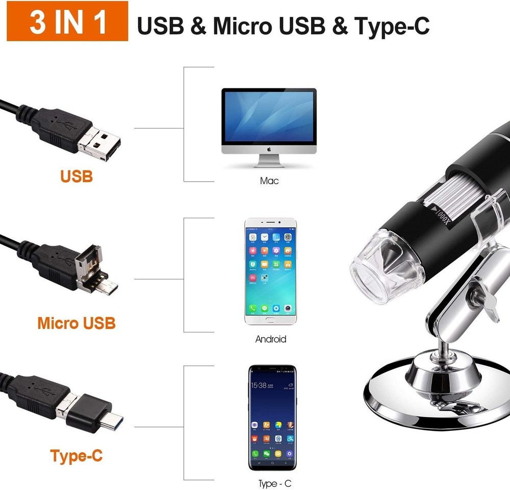 USB Digital Microscope 40X to 1000X, 8 LED Magnification Endoscope Camera wit...