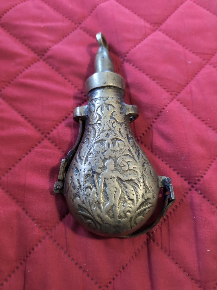 Antique Brass Black Powder Flask Embossed