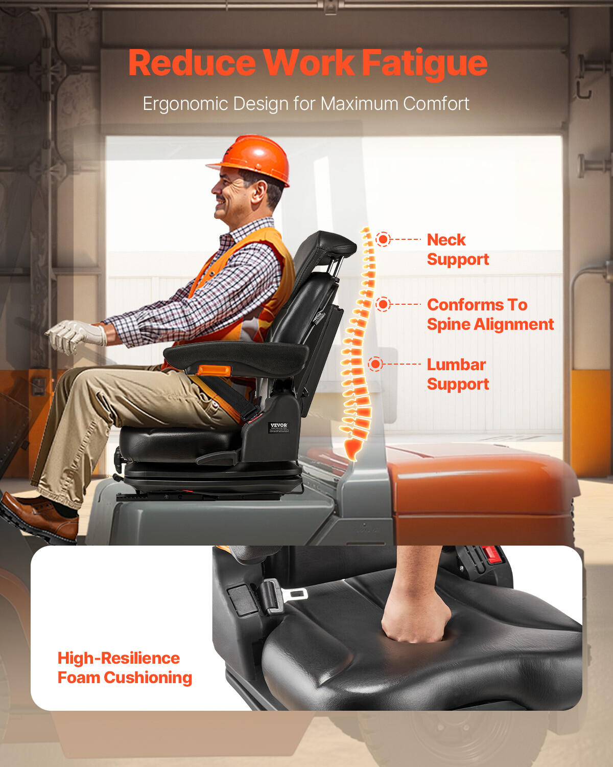 Forklift Seat Tractor Suspension Seat Fold Down Adjustable Back & Headrest