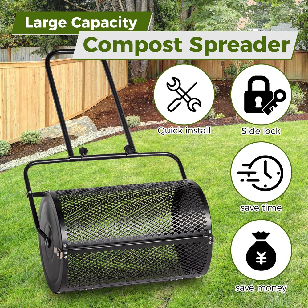 24" Black Compost Spreader, Peat Moss Roller w/ Steel Mesh Basket