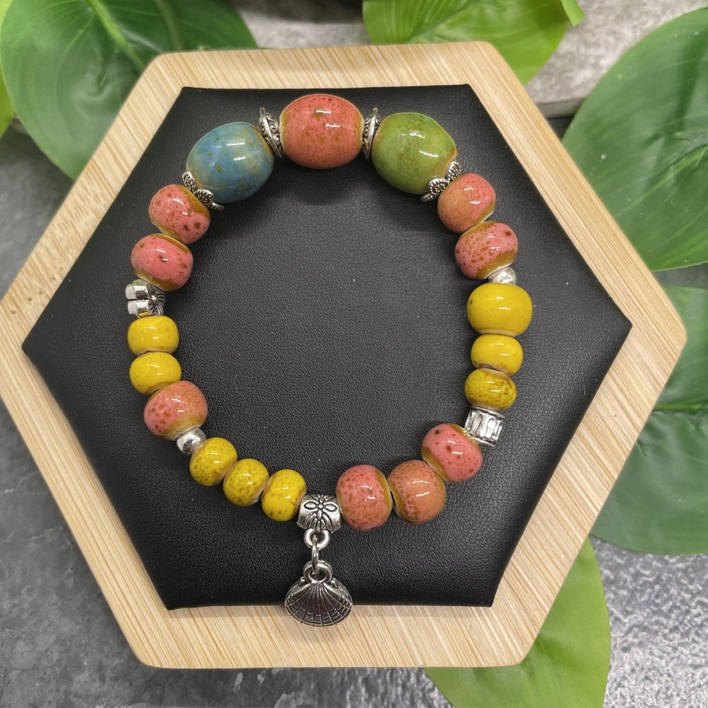 Handmade Ceramic Bead Beaded Stackable 6” Plus Stretch Bracelet New B14