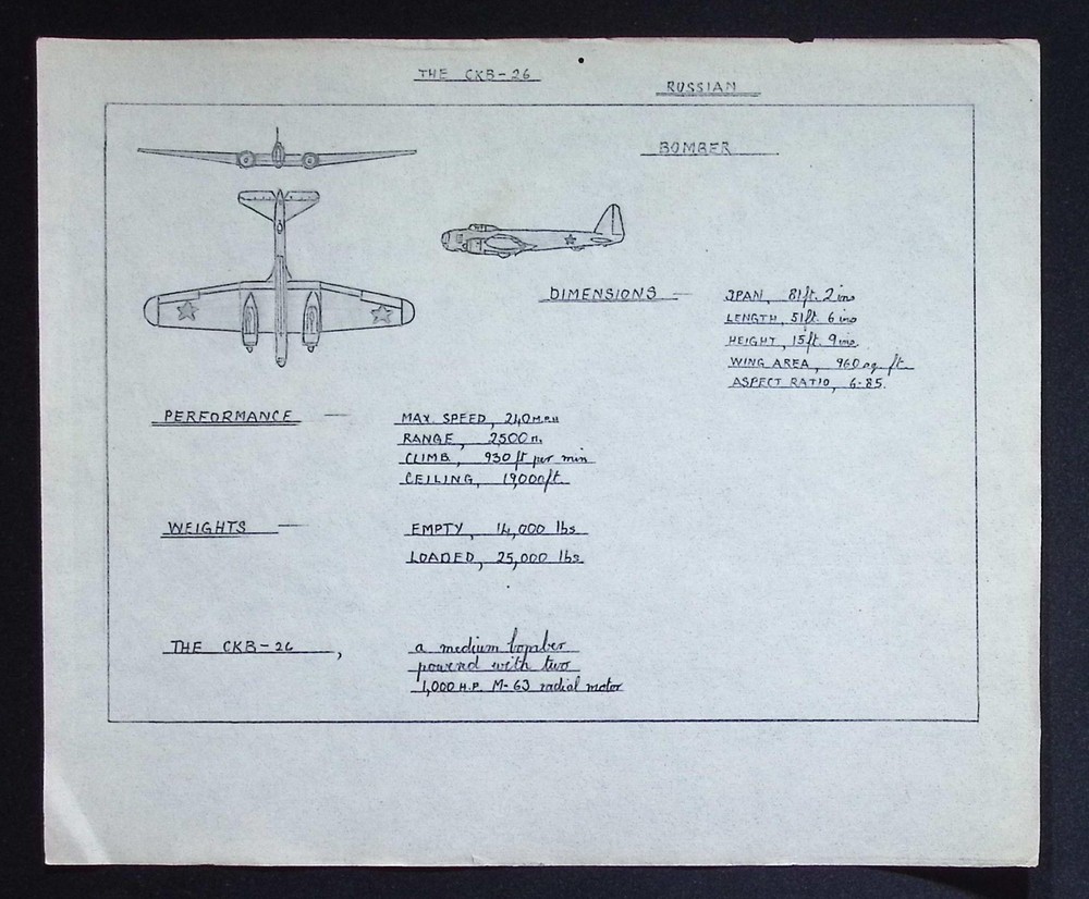 Original WWII CKB-26 Recognition Drawing – Russian Medium Bomber Aircraft