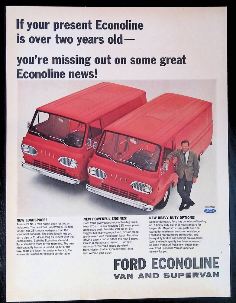 Print Ad 1960's Red Ford Econoline Van Supervan