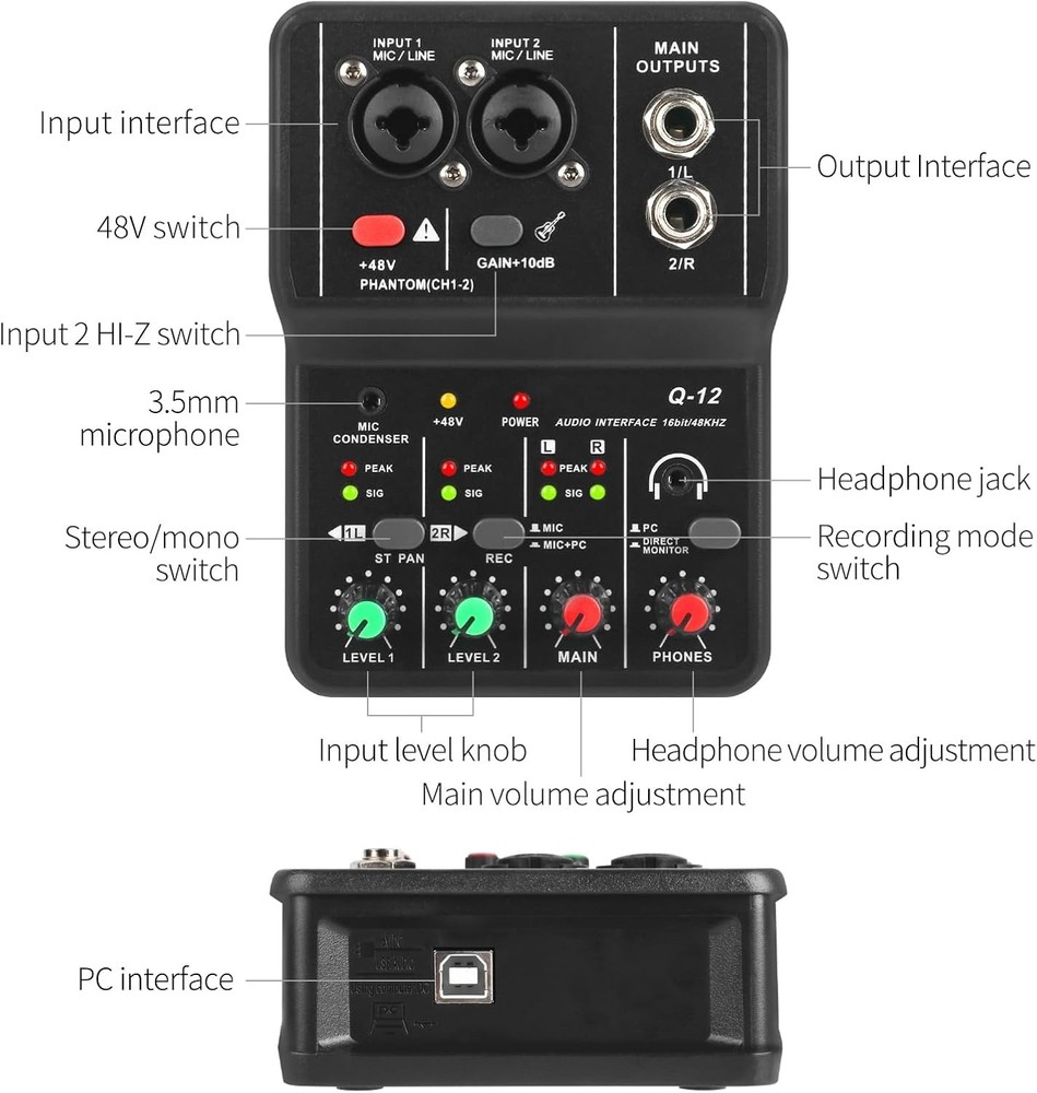USB Audio Interface Q-12: XLR & 3.5mm Inputs for Studio-Quality Recordings