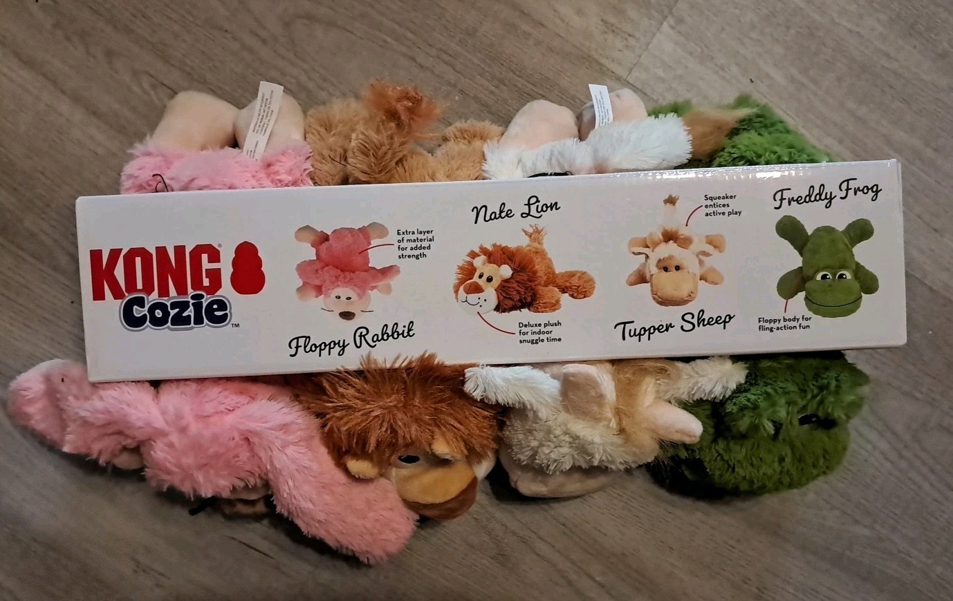 Kong Cozie 4 Pack Dog Animal Toy Rabbit Lion Sheep Frog Plush Squeak New