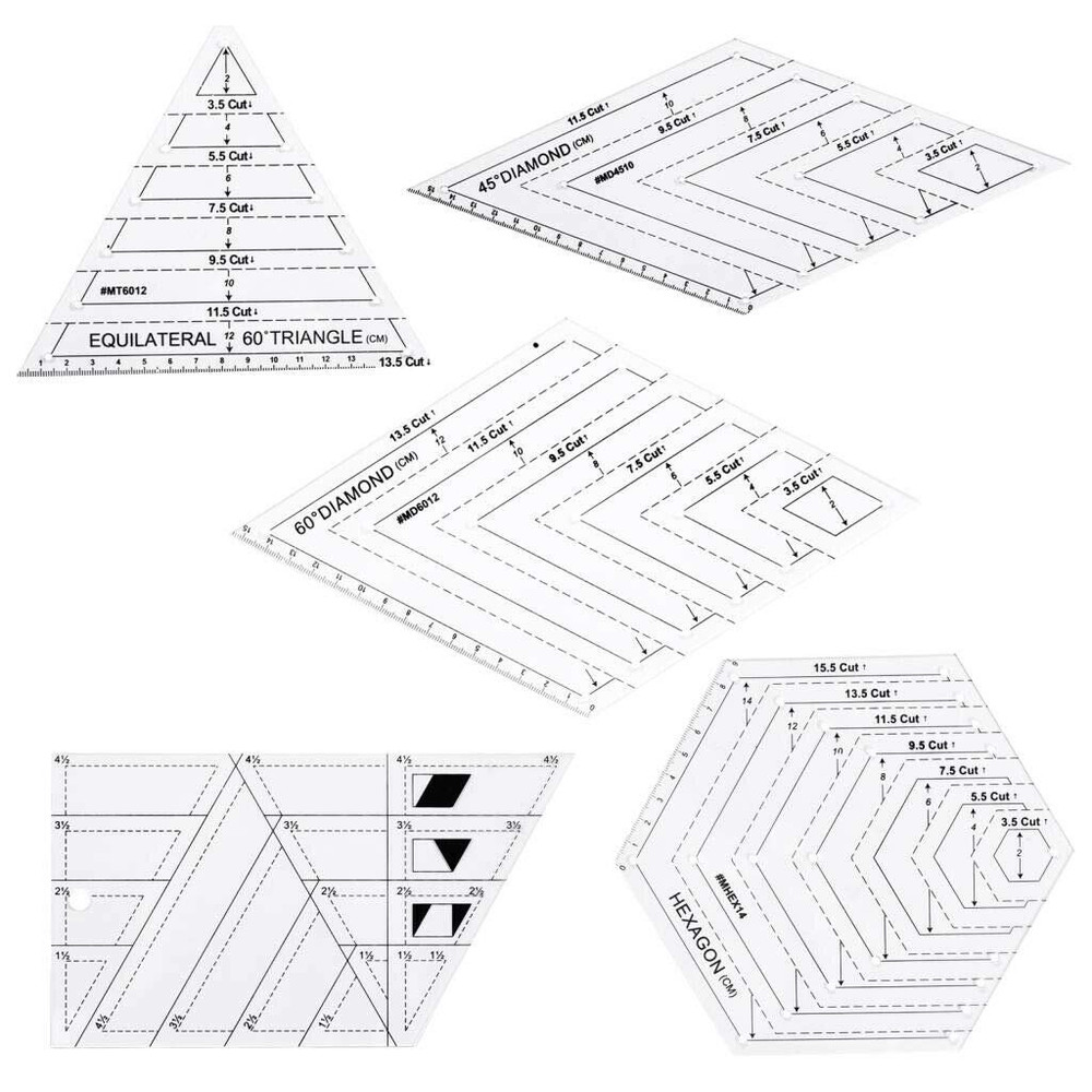 5Pcs Creative Grids Quilting Templates Set,Drafting Triangles 45 60 Degree Rhomb