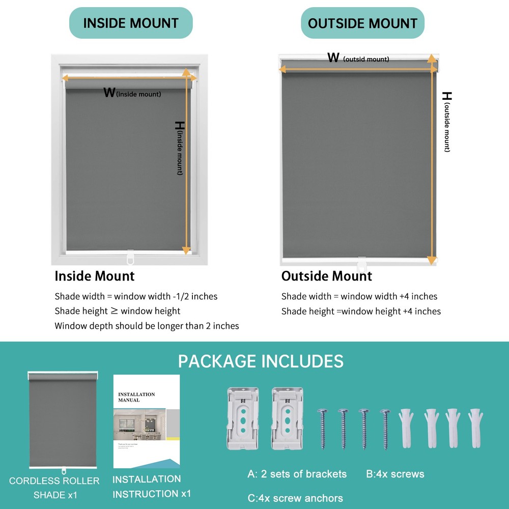 Changshade Cordless Roller Shade Fabric Window Blind For Light Blocking Blackout