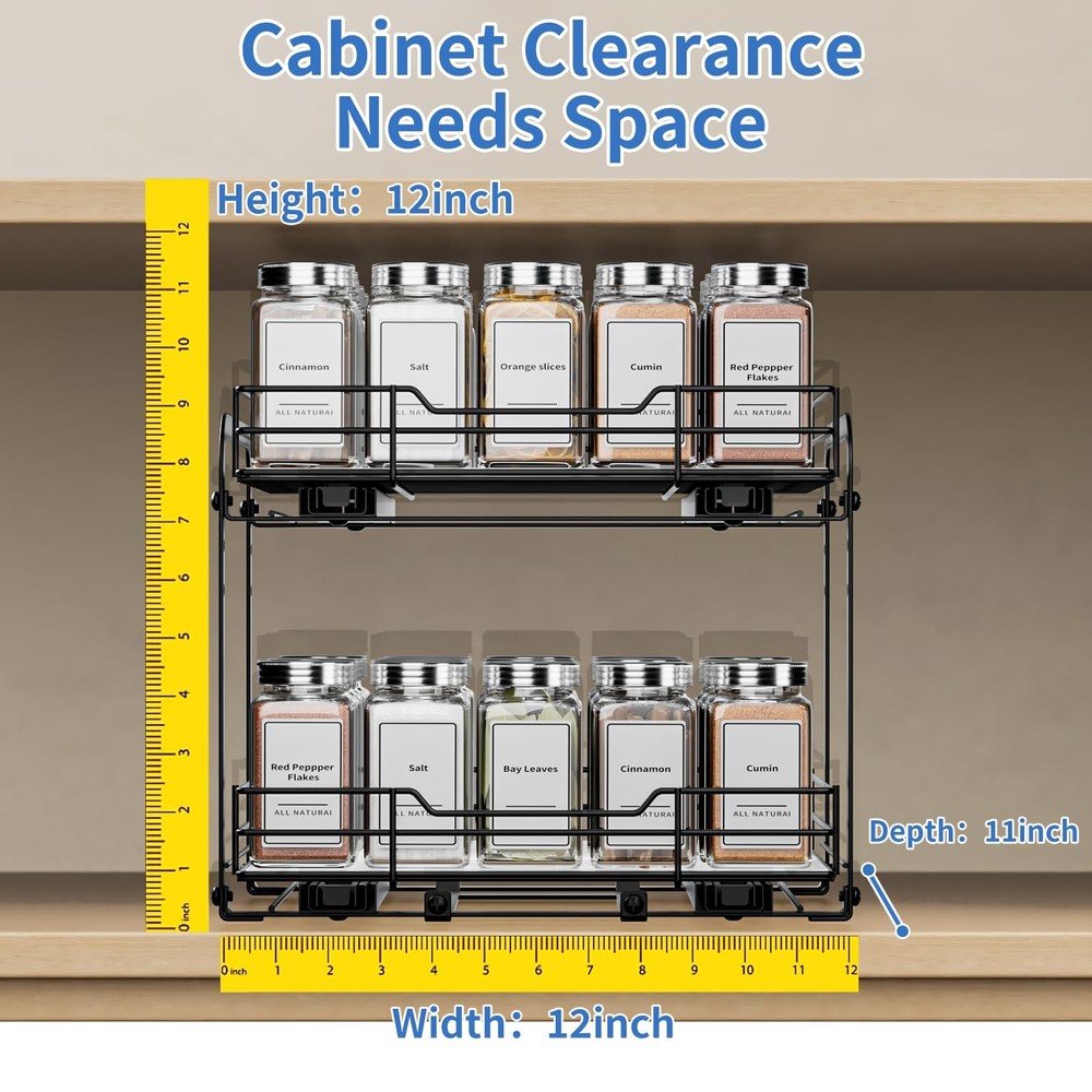 2-Tier Spice Rack Organizer, Pull Out Spice Rack for Cabinet, Height Adjustab...