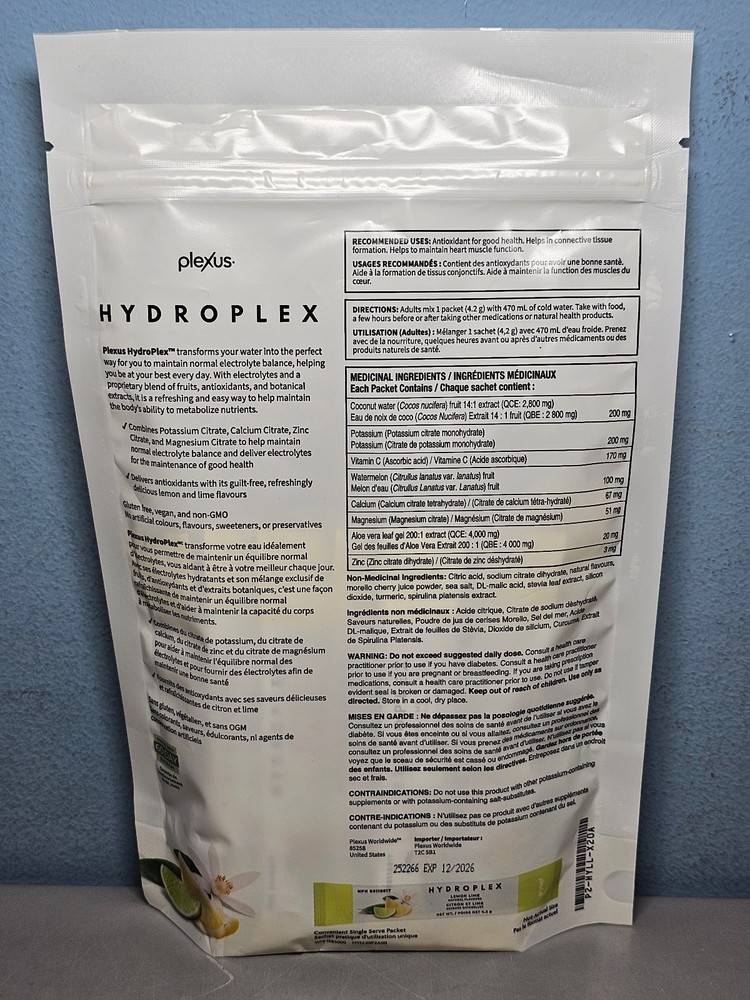 Plexus Hydroplex Lemon Lime - 20 packets -Exp 12/26 - New! Sealed!