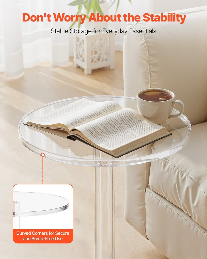 Acrylic Drink Table, Clear End Table Round Top with Solid Post, Modern Acrylic C