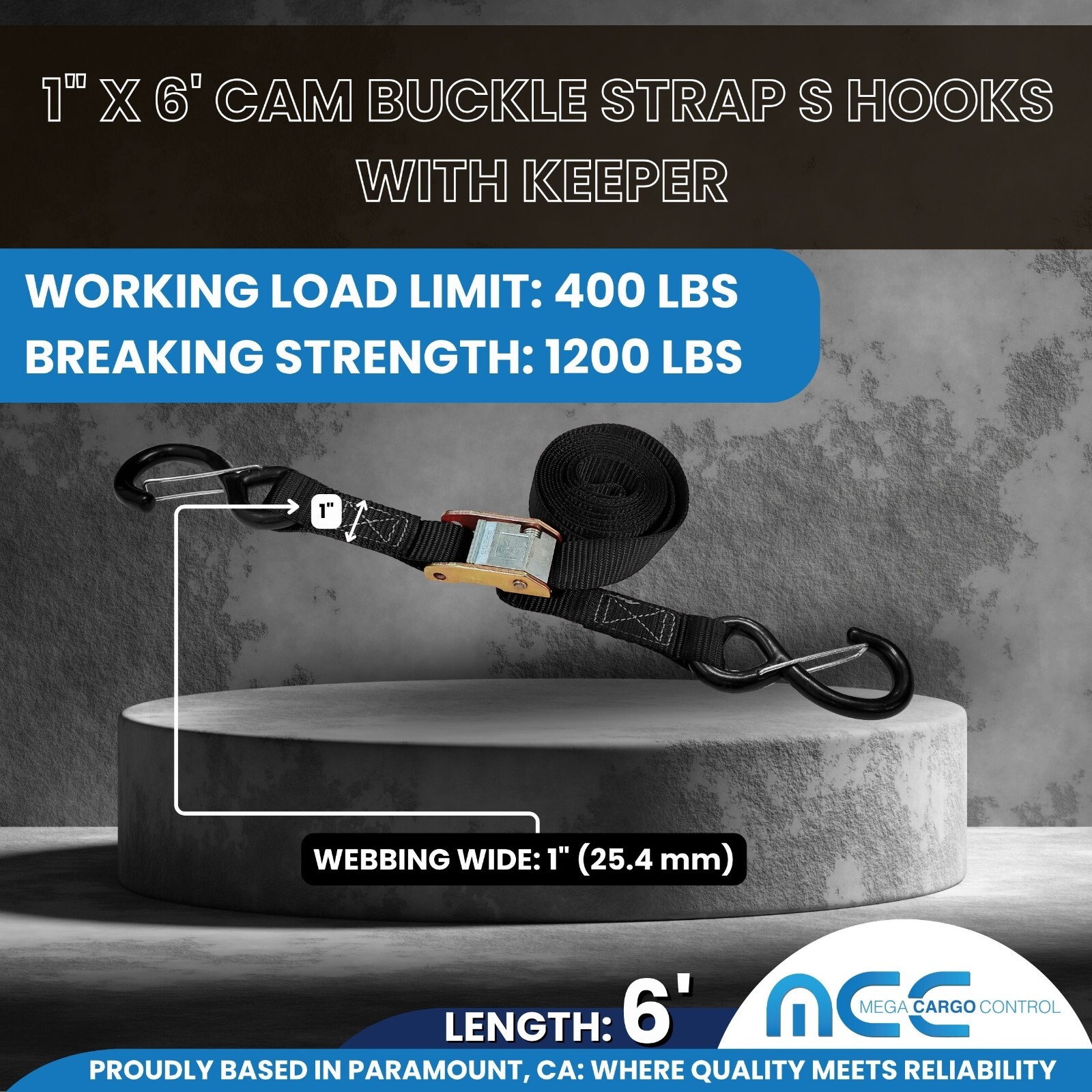 2 Pack 1" x 6' Cam Buckle Tie Down Strap w/ S Hook For Boat Motorcycle Bike