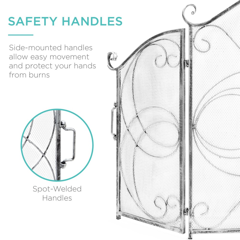 Silver Finish Fireplace Screen 3 Panel Mesh Folding Wrought Iron Arch Scrollwork
