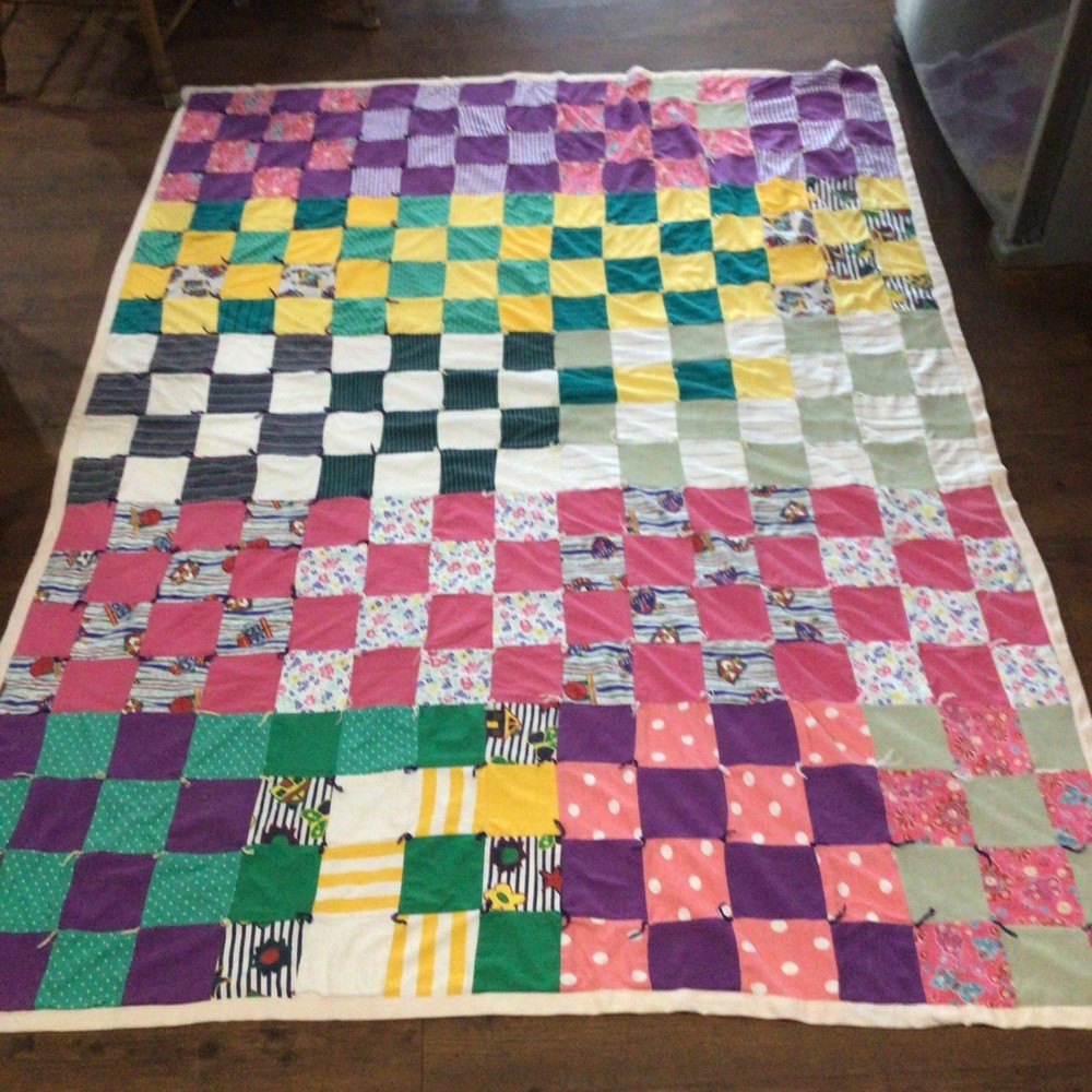 Handmade Block Patchwork Blanket Colorful 65”x 88” 4”x4” Squares
