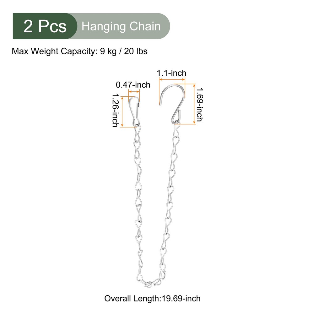 2Pcs Hanging Chains,304SUS Extension Link w S Shaped Hook(Silver,19.7")