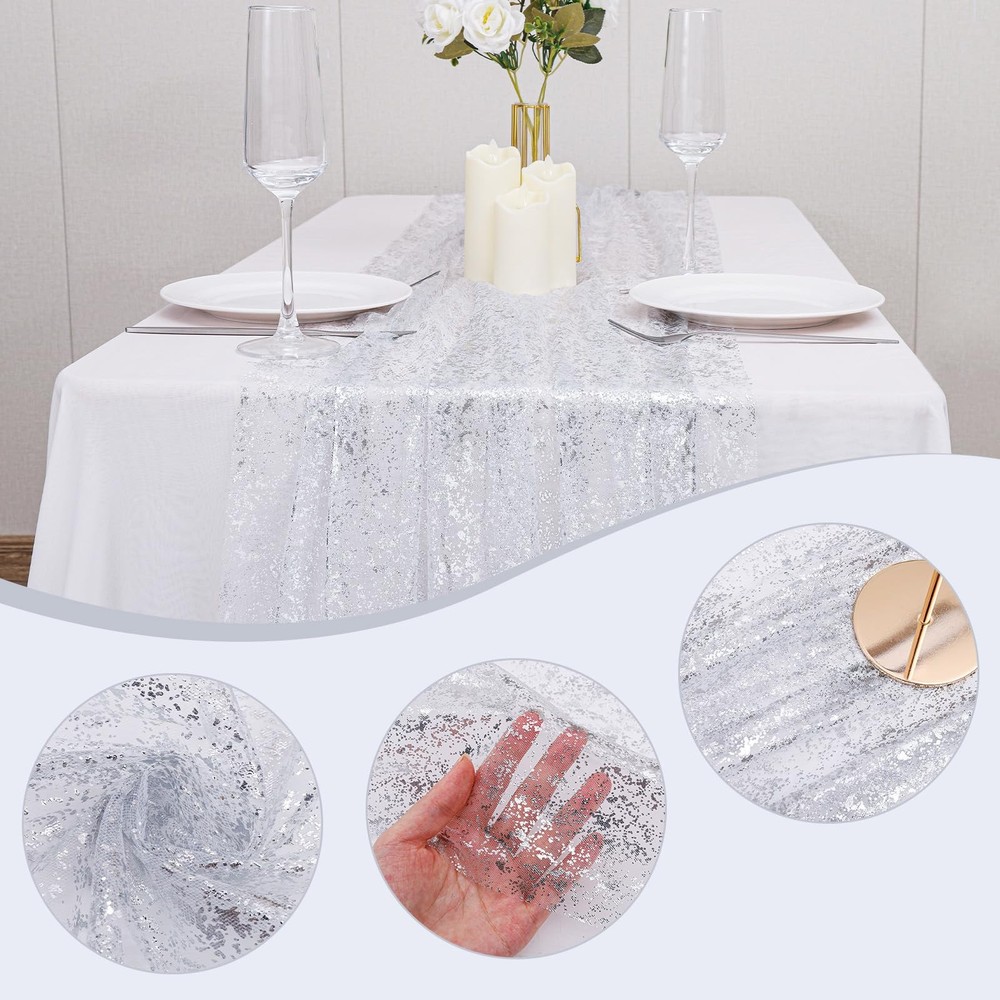 Silver Table Runner 6 PCS 10Ft Sheer Chiffon Cheesecloth Sequin Glitter Wedding